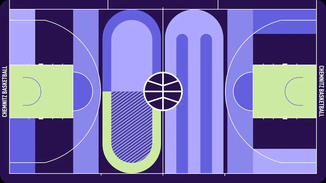 Basketballfeld von oben, grafisch gestaltet mit Schriftzug "Home"